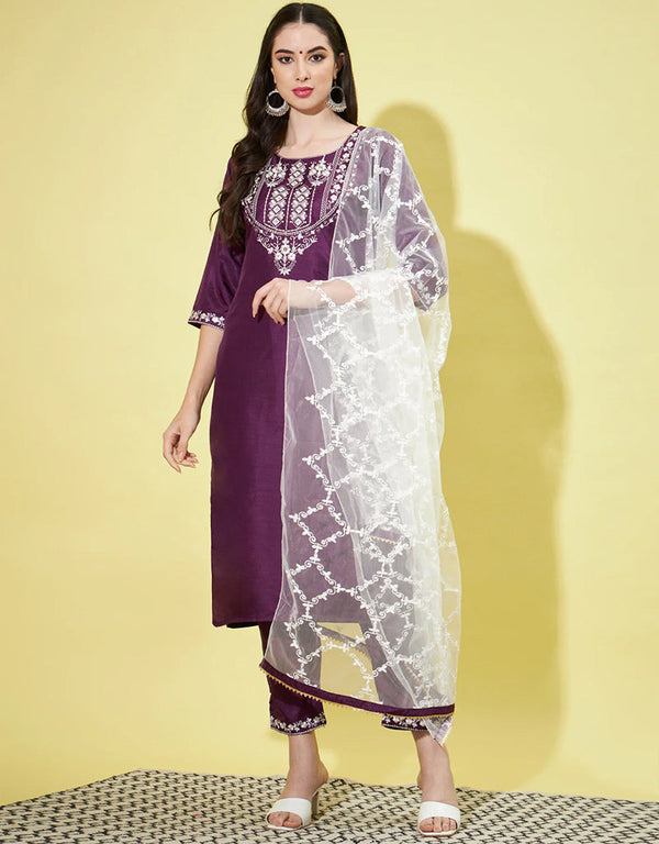 Designer Party Wear Silk Blend Readymade Suit Collection Purple Silk Blend Pant Straight Front View